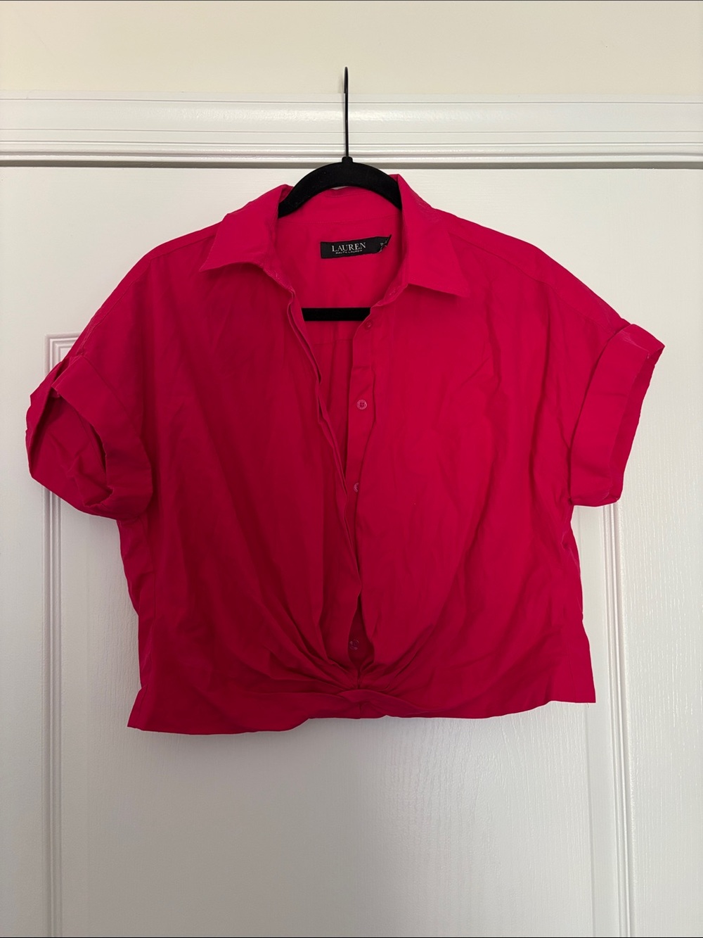 Lauren Ralph Lauren Hot Pink Short-Sleeve Knot Hem Button Down Shirt